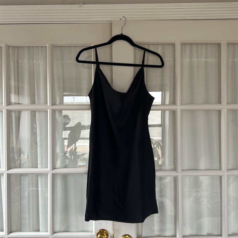 Black satin cowl neck mini dress